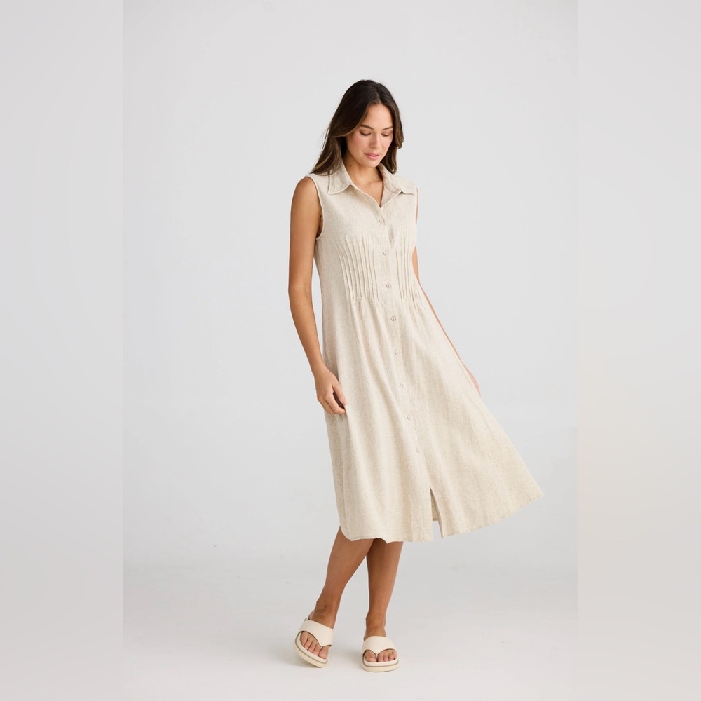 Malvin Pleated Linen Midi Dress Beige Size 6